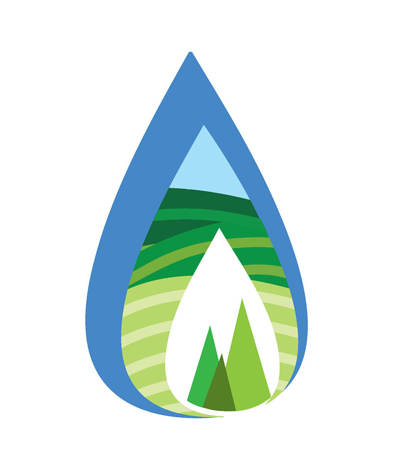 Rural Agri-Innovation Network logo without text shows three nested teardrop shapes: largest is blue, middle shows green horizontal curves, and the smallest has three coniferous trees.
