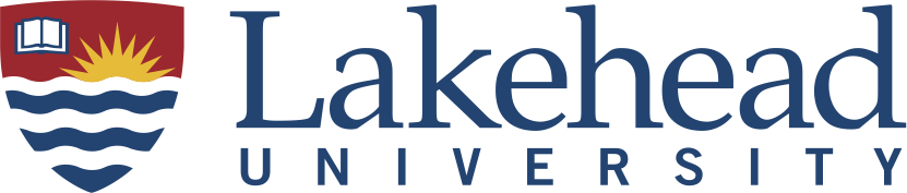 Lakehead University logo in navy text with shield shape of water and sun with a book