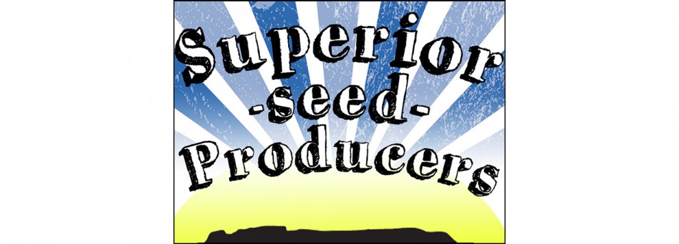 Superior seed producers logo shows black outline of Sleeping Giant with yellow sun behind it and white and blue rays extending up and out