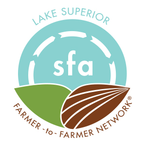 Lake Superior Sustainable Farming Association logo with a blue sky, green leaf and brown striped leaf, stating Farmer-to-Farmer Network