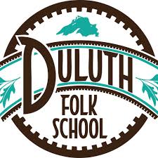 Duluth Folk School logo including a Lake Superior outline and leaves inside a brown circular gear