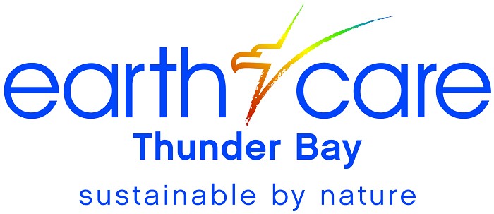 EarthCare Thunder Bay: Sustainable by nature logo text with rainbow outline of bird of prey head and wings