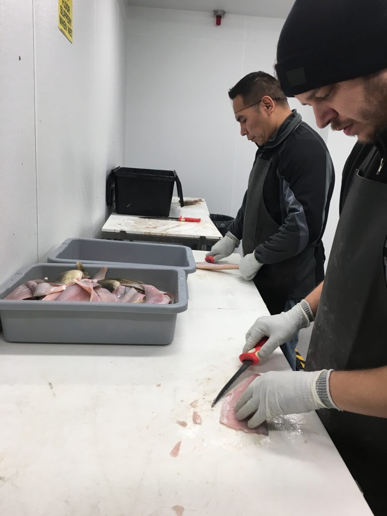 Two people fillet fish on a white countertop