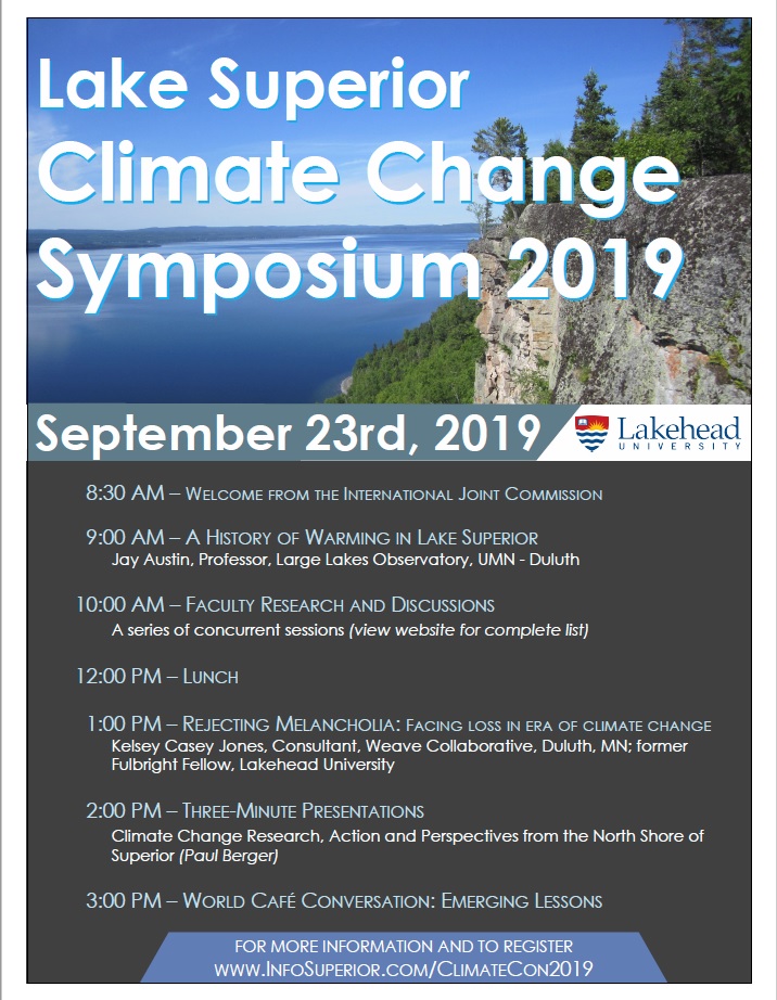 Event Poster of Climate Change Symposium 2019 including date, schedule, and website link.