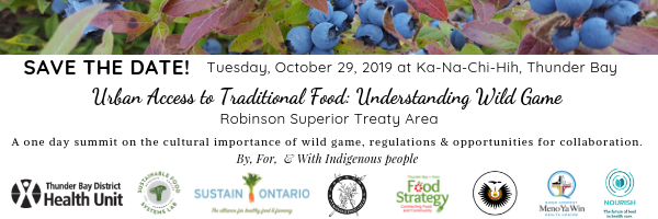 Save the Date visual for Urban Access to Traditional Food: Understanding Wild Game including date, location, and logos of collaborating organizations