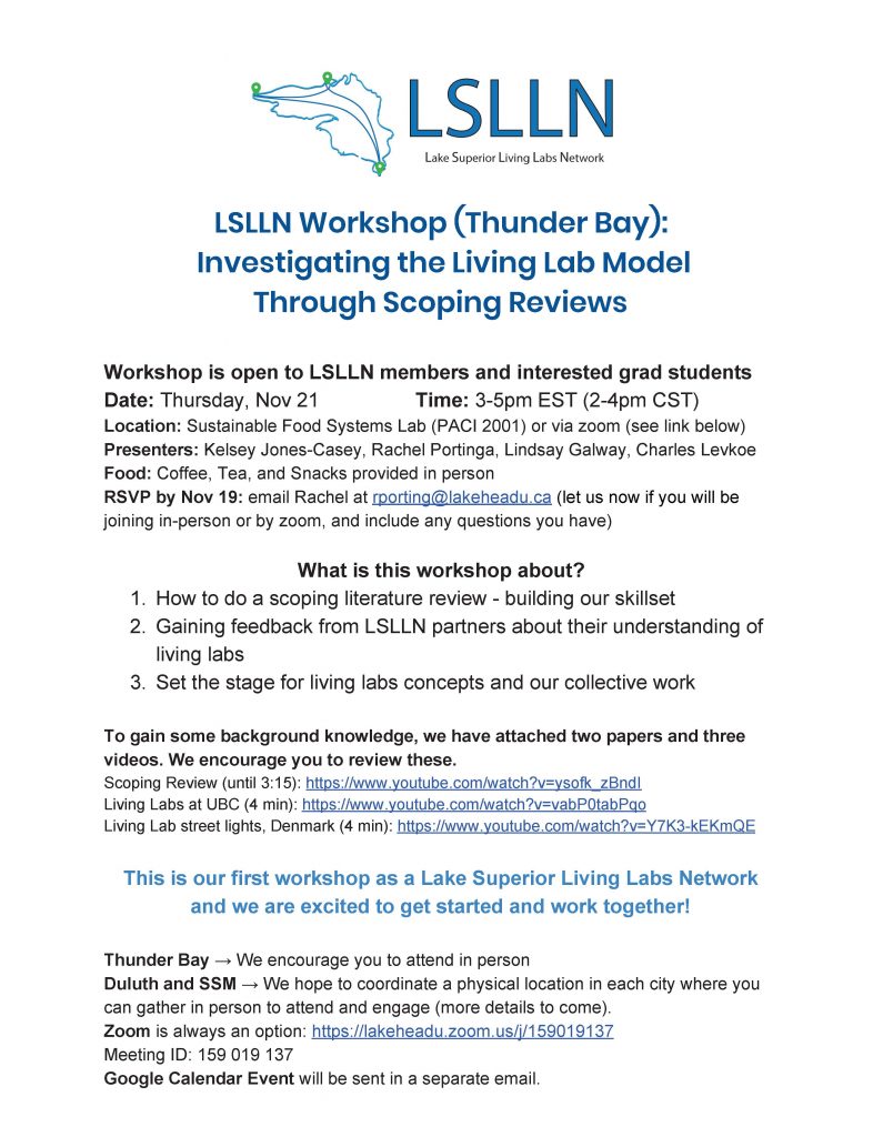 Event Poster for LSLLN Workshop: Investigating the Living Lab Model through Scoping Reviews including date, location, and pre-event readings