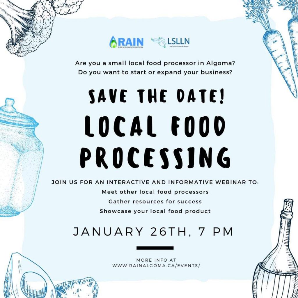 Event announcement poster for Local Food Processing webinar in 2021