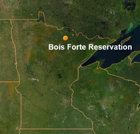 Map showing the Minnesota state outline and marking the Bois Forte Reservation in the north
