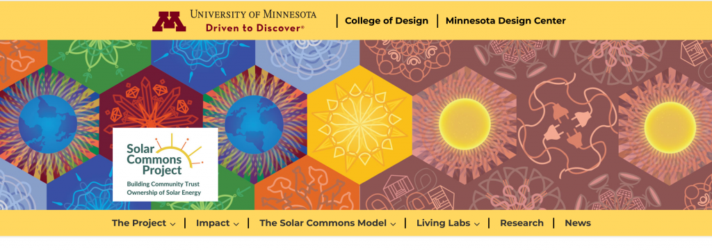 Screenshot of the Solar Commons Project website header showing hexagonal tiles of bright colors turning brown on the right.