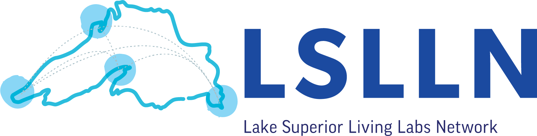LSLLN Logo showing a blue outline of Lake Superior with four light blue circles around the southeast corner, the southwest corner, a large penisula on the south shore, and on the northwestern shore. Dashed lines connect all four circles to each other.