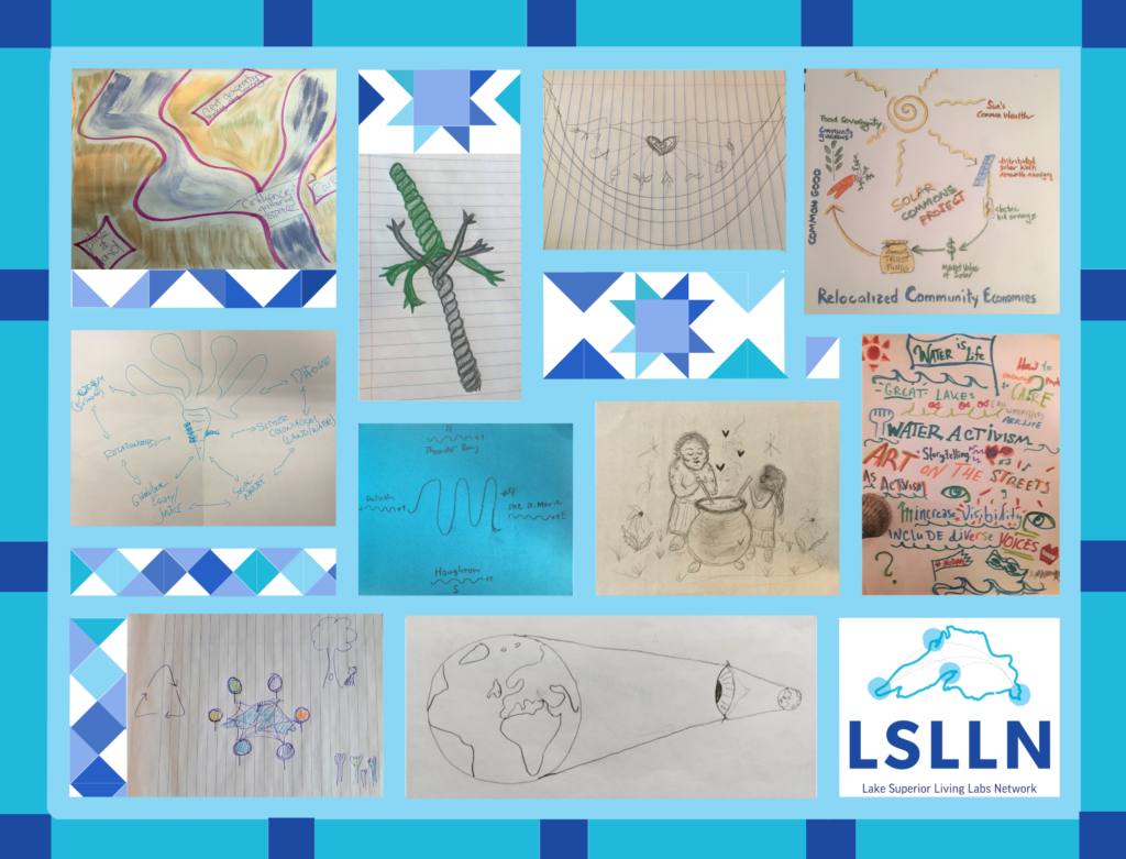 A digital quilt: ten hand drawn images and the LSLLN logo are in a quilt-like display with various shades of blue triangles and squares.