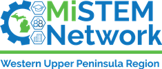 Logo of the Michigan STEM Network: Western Upper Peninsula Region text with a graduates hat, a gear, people icons, and outline of Michigan