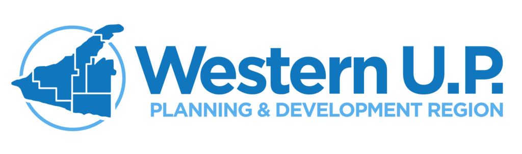 Logo of the Western Upper Peninsula Planning & Development Region text with six counties delineated inside a blue circle