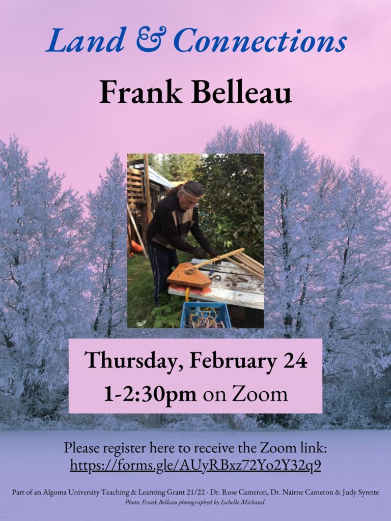 Event Poster for Land & Connections with Frank Belleau including date, time, and registration link