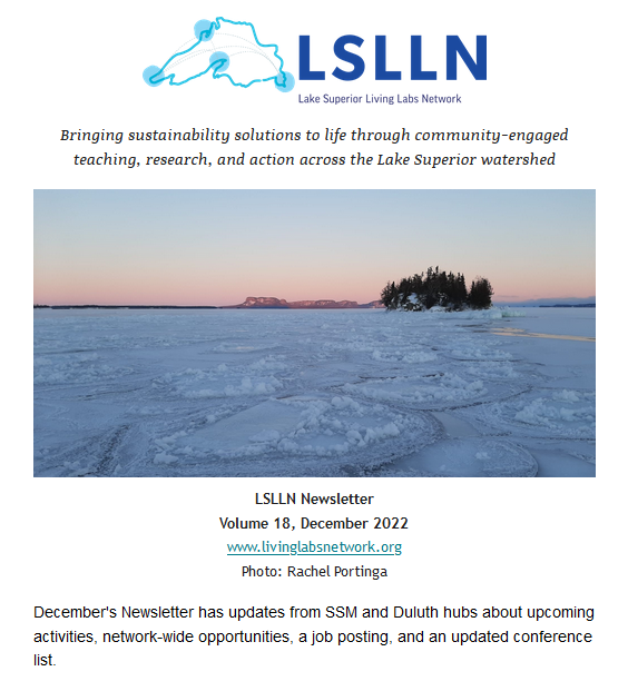 Page 1 of December 2022 newsletter shows ice and two islands in Lake Superior