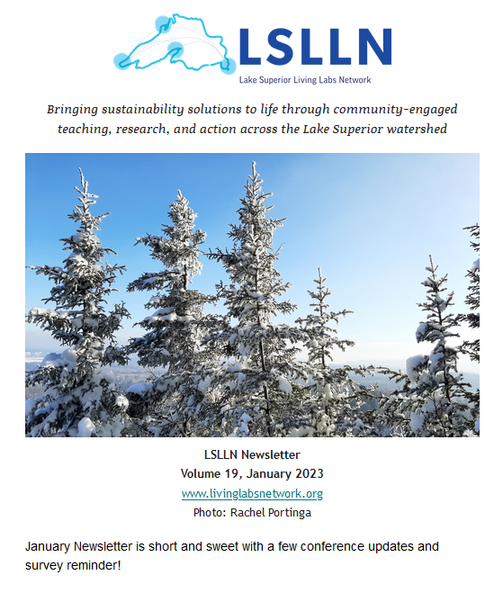 Page 1 of January 2022 Newsletter with snow covered coniferous trees and a blue sky