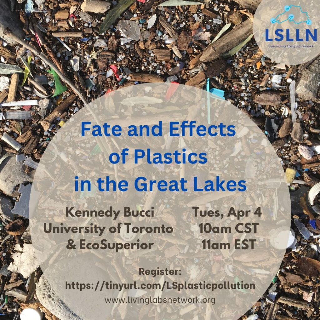 Title, date, and presenter information for webinar about plastic pollution in the Great Lakes