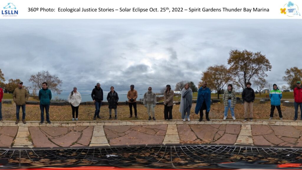 360 degree photo of 14 people in a circle outside
