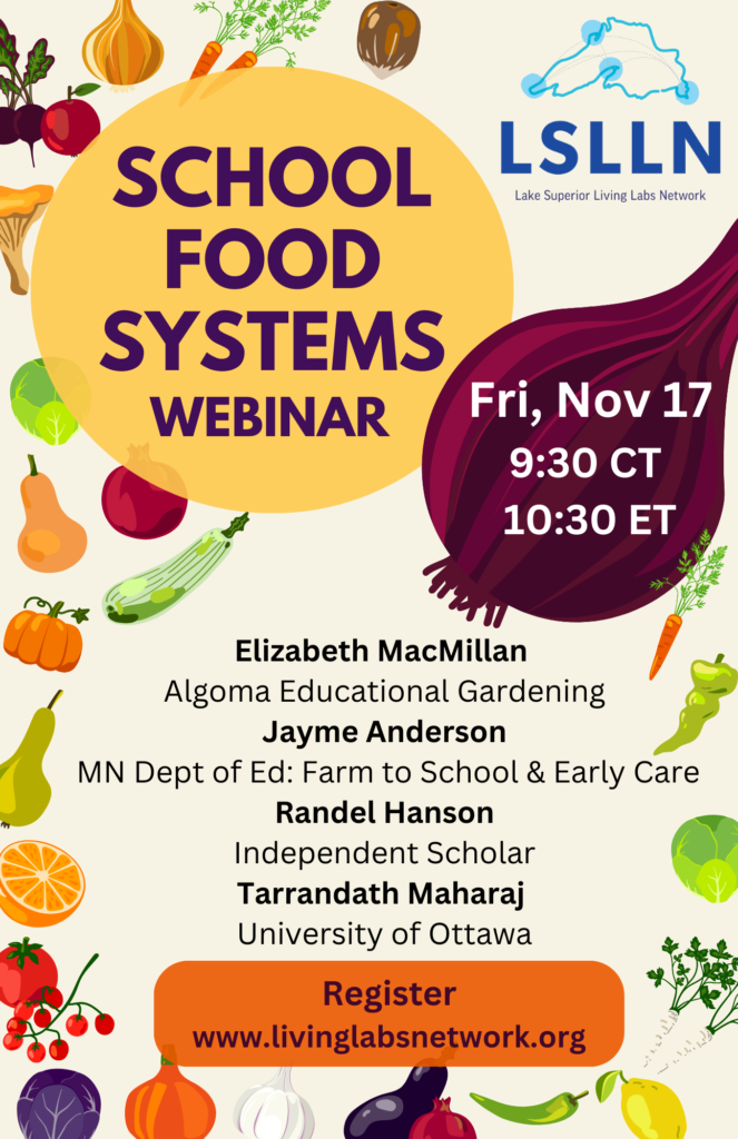 Event poster with details for school food systems webinar