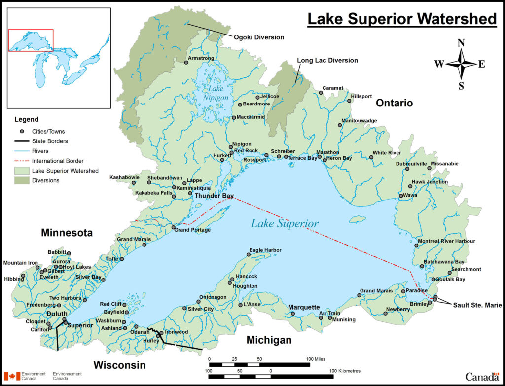 Map of Lake Superior watershed showing lake shoreline, country boundaries, and some cities