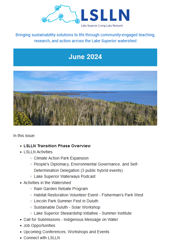 Front page of LSLLN June 2024 newsletter with photo of lake superior shoreline and summary of items
