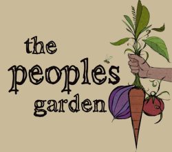Logo for the People's Garden showing a hand-drawn hand holding a carrot, an onion, and a tomato