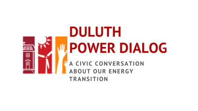 Duluth Power Dialog: A Civic Conversation about our energy transition logo with hands raised, sun and wind turbine, and solar panels on a house