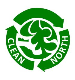 Logo for Clean North text showing a tree and water inside three green arrows going in a circle