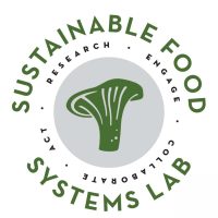 Sustainable Food Systems Lab: Research, Engage, Collaborate, Act logo with green mushroom on a gray circle in the center